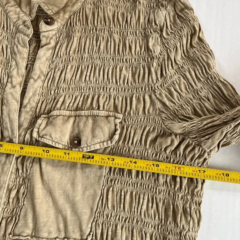 Anthropologie Pilcro XS - S Green Olive Stretch Smocked Shacket Pockets‎ Button